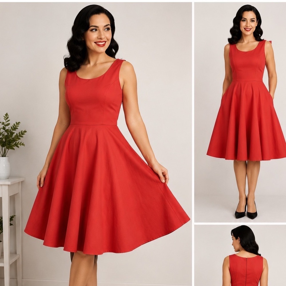 HEMET Coral Red Fit & Flare Dress Med Sleeveless A-Line Cotton Blend Made in USA